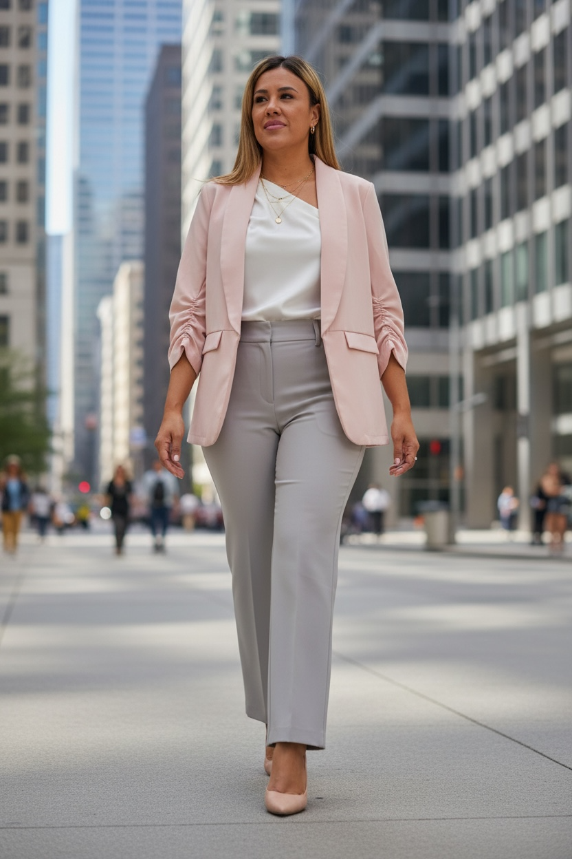 Blazer Rosa Casual Abierto con las Mangas Plisadas
